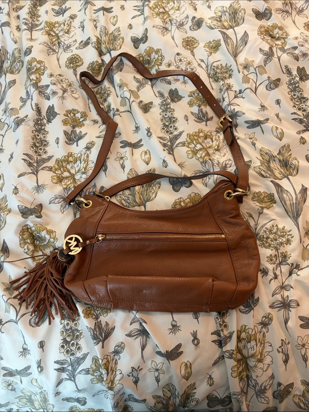 Michael Kors Cognac Leather Shoulder Bag with Tassel Pendant‎